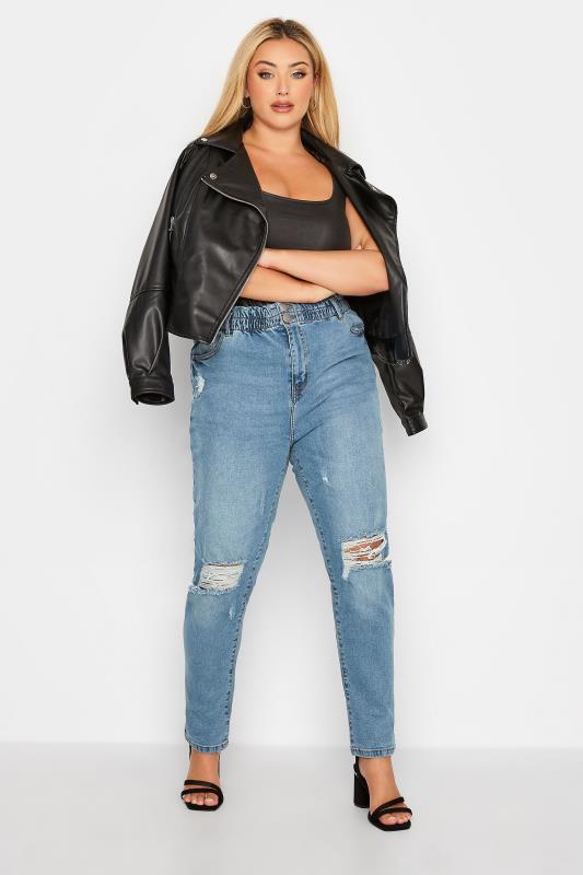 Curve Blue Ripped Elasticated MOM Jeans 2