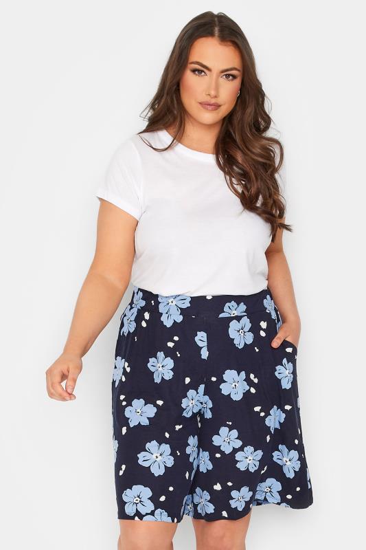 Plus Size  YOURS Curve Navy Blue Floral Print Jersey Shorts