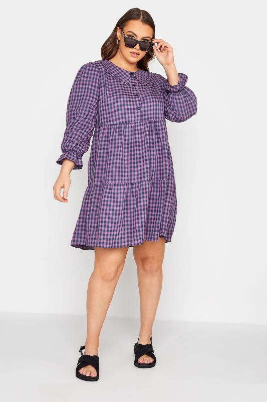 LIMITED COLLECTION Curve Purple Gingham Smock Shirt Dress 1