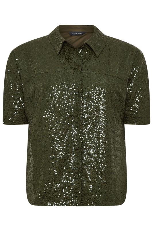 PixieGirl Petite Women's Khaki Green Sequin Embellished Short Sleeve Shirt | PixieGirl 6
