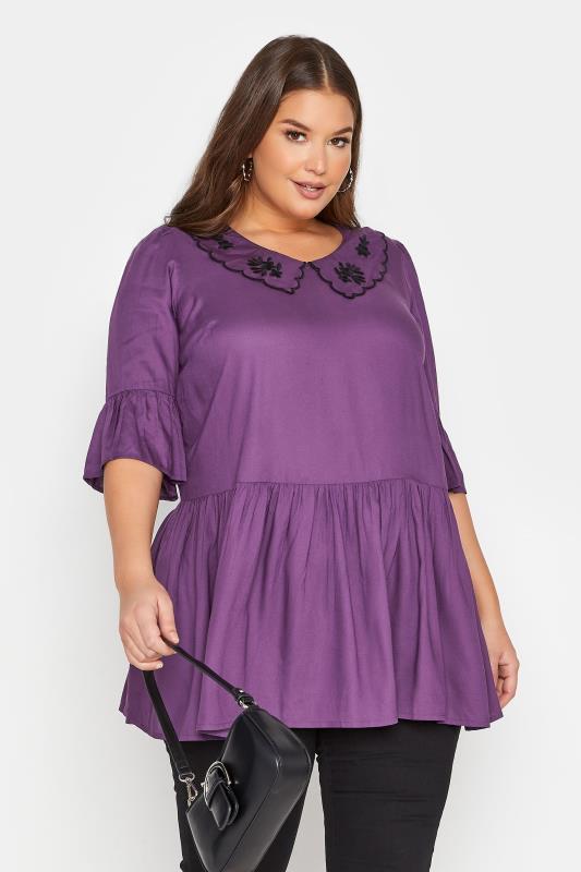  Grande Taille LIMITED COLLECTION Curve Purple Embroidered Collar Peplum Blouse