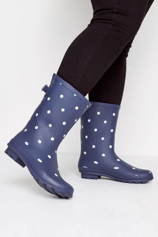 Grande Taille Navy Blue Spot Print Mid Calf Wellies In Wide E Fit