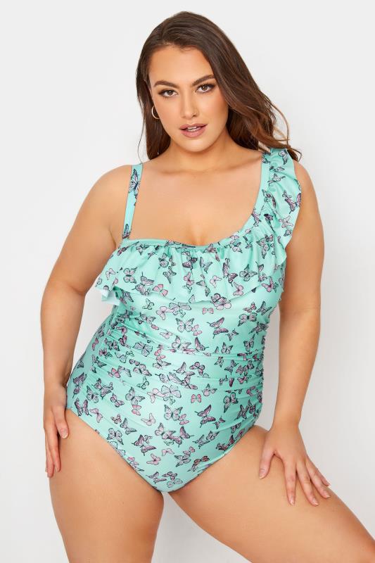 Plus Size Blue Butterfly Print Frill One Shoulder Tummy Control Swimsuit | Yours Clothing 1