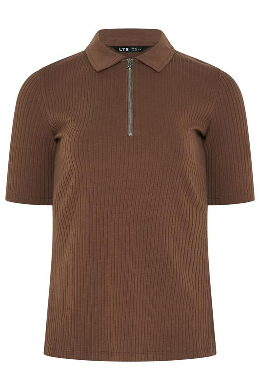 LTS Tall Women's Chocolate Brown Half Zip Ribbed Cotton Collared Top | Long Tall Sally 6