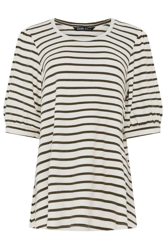 YOURS Plus Size White & Green Stripe Knitted Puff Sleeve Top | Yours Clothing 5