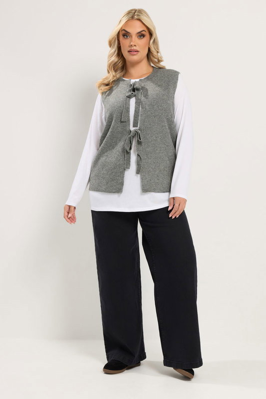 YOURS Plus Size Dark Grey Double Tie Knitted Vest Top | Yours Clothing