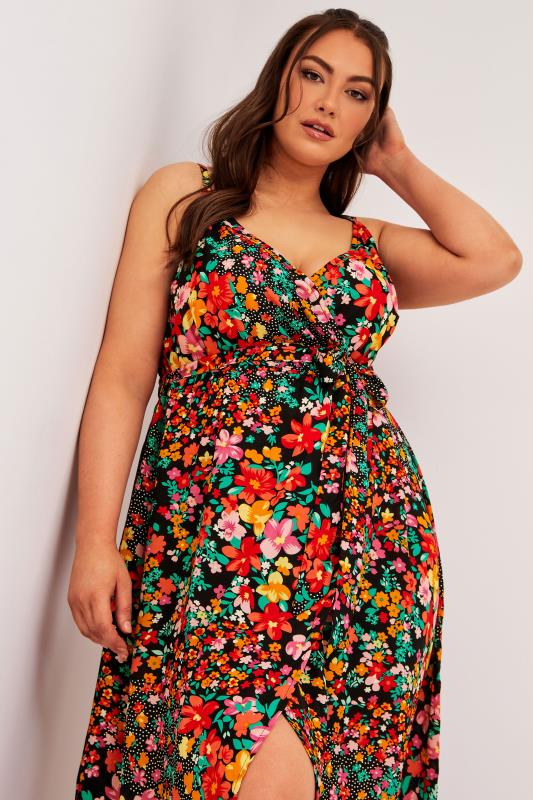 LIMITED COLLECTION Plus Size Black Floral Strappy Wrap Dress | Yours ...