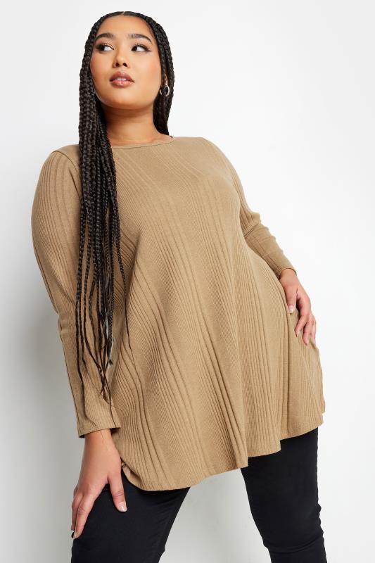 Plus Size  YOURS Curve Beige Brown Ribbed Long Sleeve Top