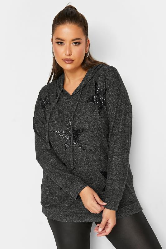 Plus Size Womens Curve Charcoal Grey & Black Sequin Star Hoodie | Yours Clothing 1