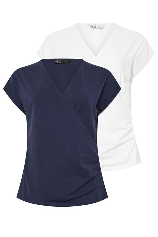  M&Co 2 PACK White & Navy Short Sleeve Wrap Tops