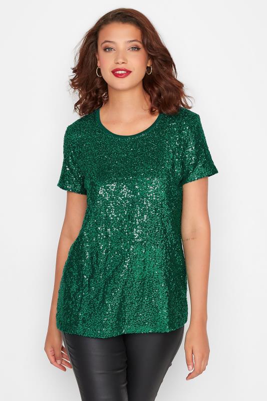 LTS Tall Emerald Green Sequin Embellished Boxy T-Shirt | Long Tall Sally 1