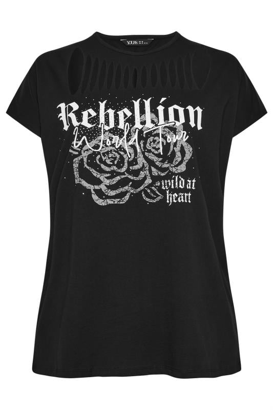 YOURS Plus Size Black Cut Out 'Rebellion' Slogan T-Shirt | Yours Clothing  6