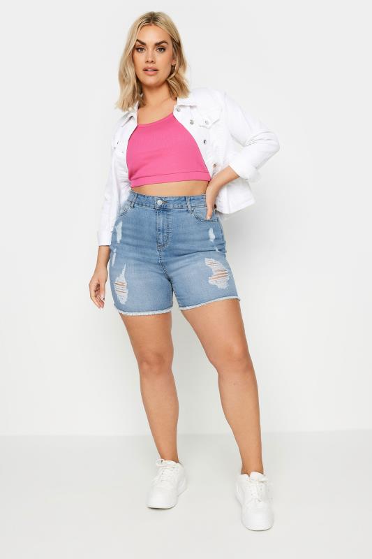 YOURS Plus Size Light Blue Ripped Stretch Denim Shorts | Yours Clothing 2