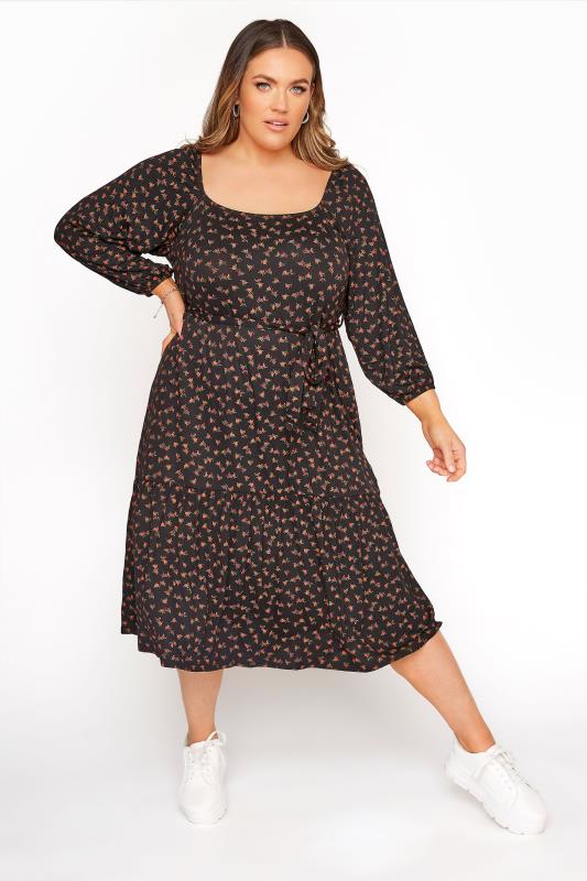 Plus Size Jersey Dresses LIMITED COLLECTION Black Rose Milkmaid Tiered Midi Dress