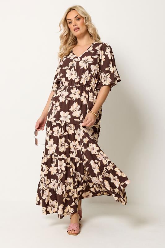 YOURS Curve Brown Floral Tiered Maxi Dress | Yours Clothing 1