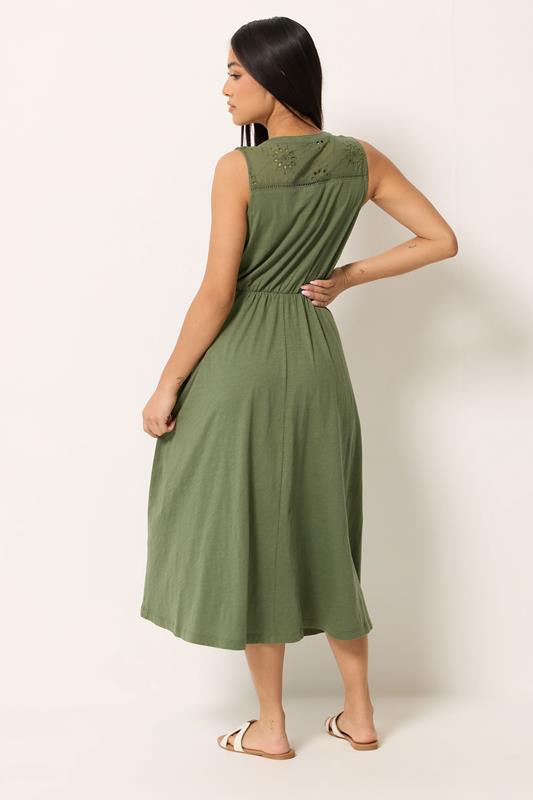 M&Co Petite Khaki Green Broderie Sleeveless Cotton Midi Dress | M&Co 2