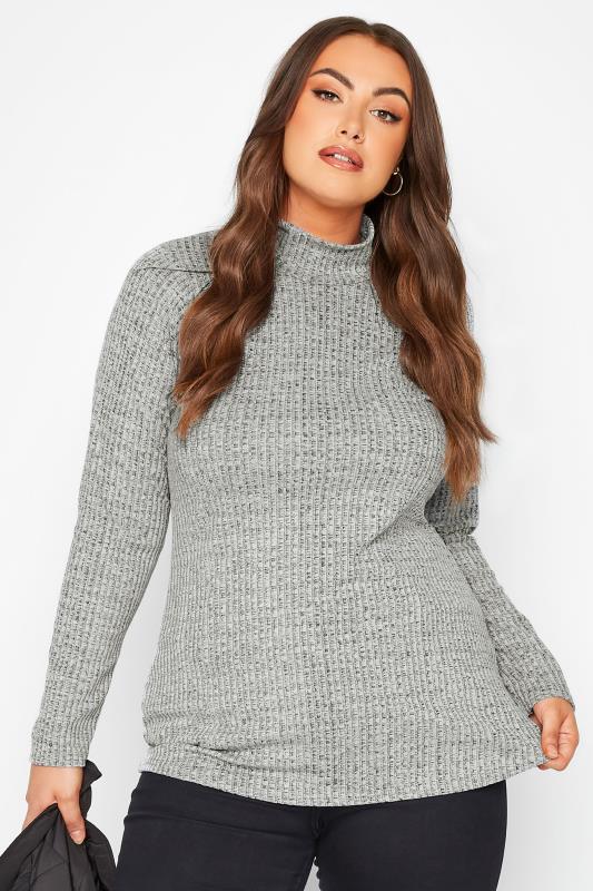LIMITED COLLECTION Curve Grey Marl Ribbed Turtle Neck Top 1