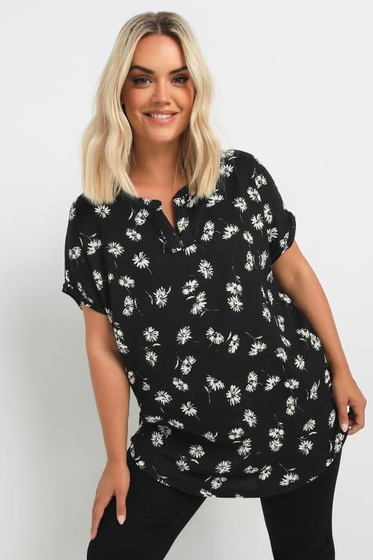  YOURS Curve Black Floral Print Notch Neck Top