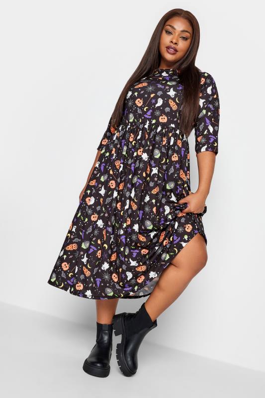 LIMITED COLLECTION Curve Black Halloween Print Smock Midaxi Dress 3