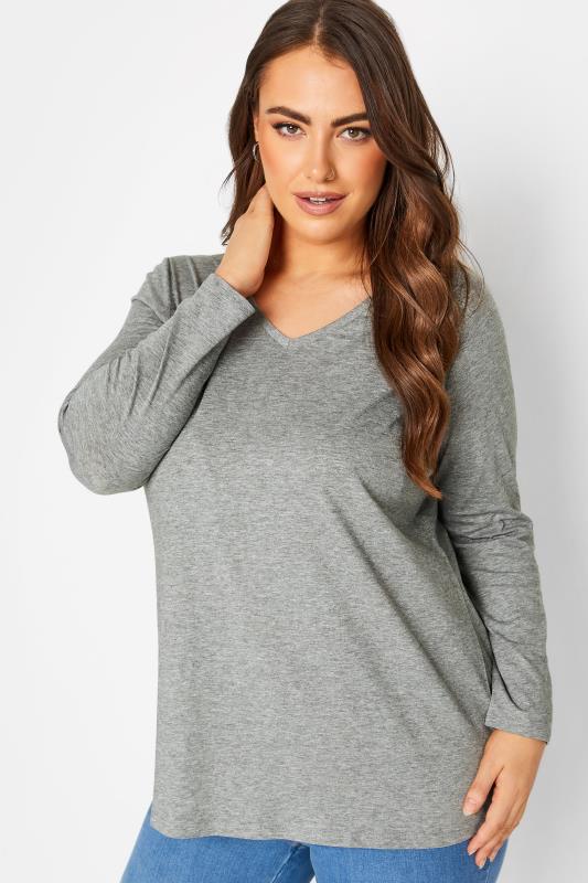 YOURS Plus Size Grey Marl Long Sleeve V-Neck T-Shirt | Yours Clothing 4