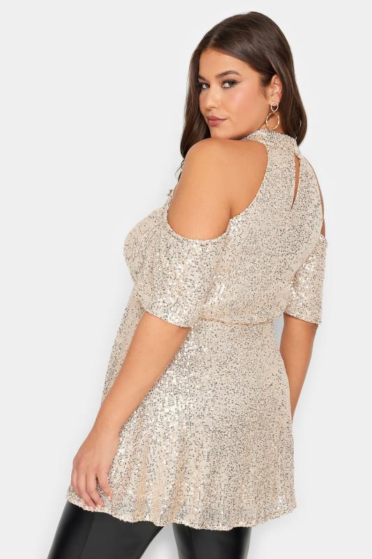YOURS LONDON Plus Size Gold Sequin Choker Cold Shoulder Top | Yours Clothing 3