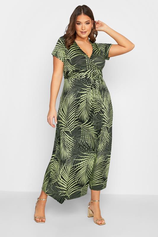 YOURS Curve Plus Size Green Leaf Print Wrap Maxi Dress | Yours Clothing  2