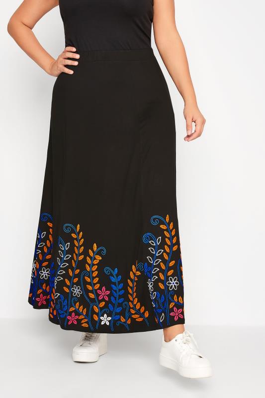 Plus Size  Curve Black Floral Border Print Skirt
