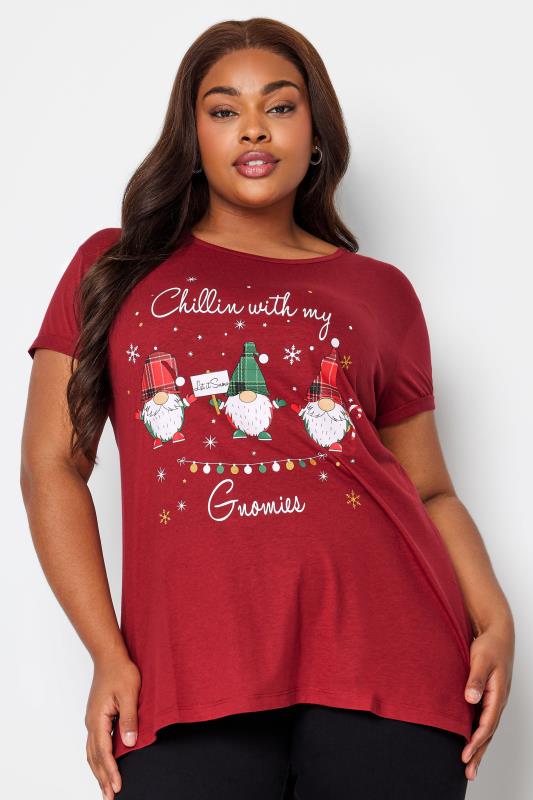 Plus Size  YOURS Curve Red 'Chillin With My Gnomies' Christmas T-Shirt