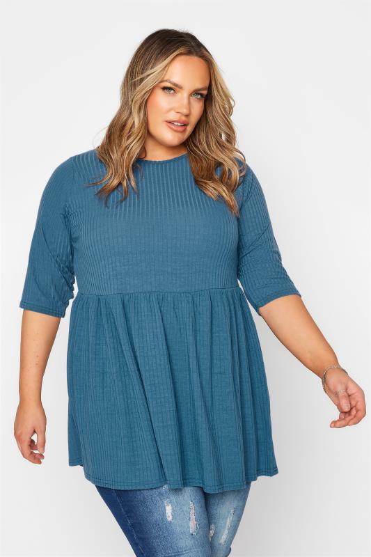 LIMITED COLLECTION Curve Blue Ribbed Smock Top 1