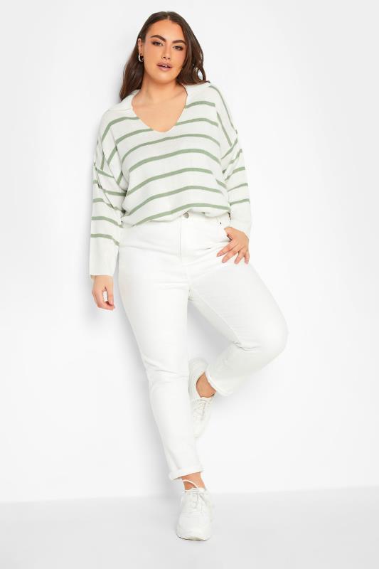 Plus Size Curve White & Green Stripe Collared Jumper | Yours Clothing 2