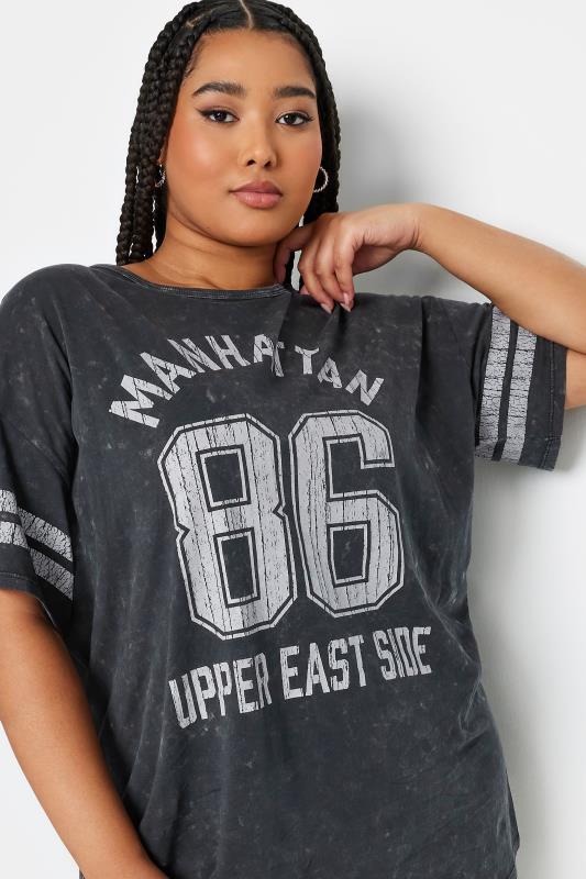 YOURS Plus Size Charcoal Grey 'Manhattan' Slogan Acid Wash Varsity T-Shirt | Yours Clothing 4