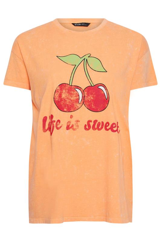 YOURS Plus Size Orange 'Life Is Sweet' Cherry Print T-Shirt | Yours Clothing 5
