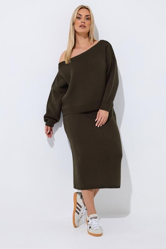 LIMITED COLLECTION Plus Size Chocolate Brown Knitted Skirt | Yours Clothing 1