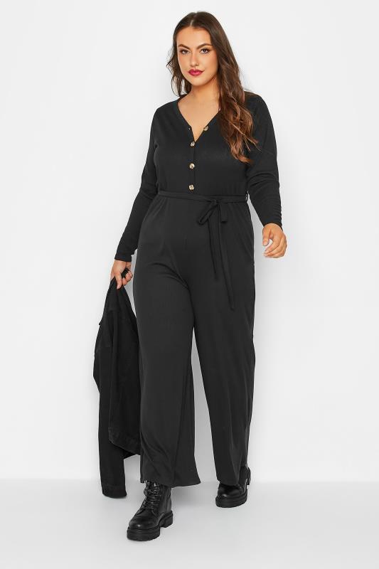 LIMITED COLLECTION Plus Size Black Ribbed Wide Leg Jumpsuit | Yours Clothing 5
