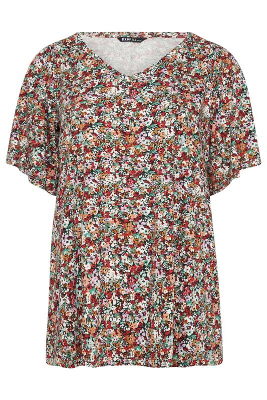 YOURS Plus Size Red & Green Floral Print Angel Sleeve Top | Yours Clothing 5