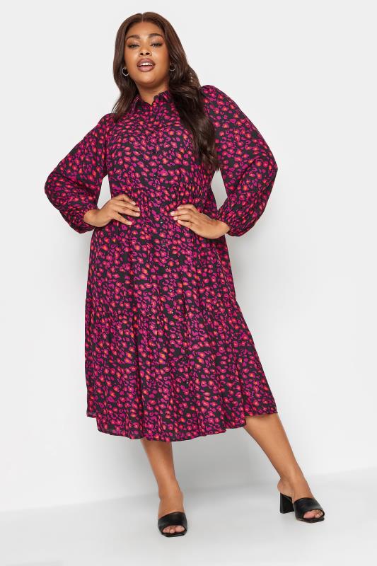Plus Size  YOURS Curve Pink Leopard Print Button Through Midi Dress