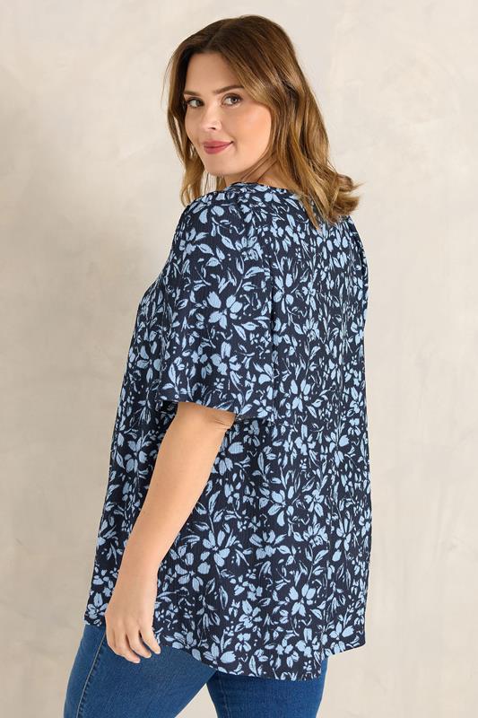 EVANS Plus Size Blue Floral Print Pleat Front Top | Evans 4