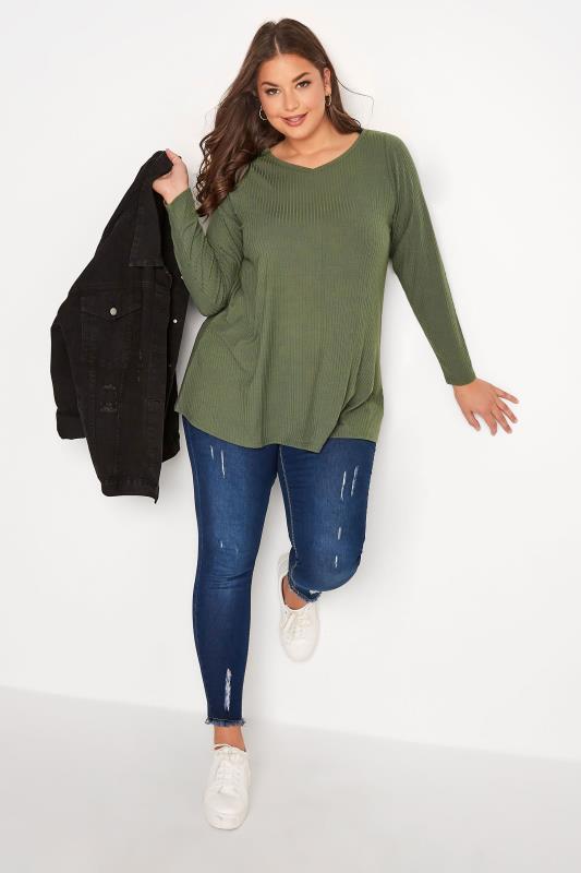 Plus Size Khaki Green Long Sleeve Top | Yours Clothing 2