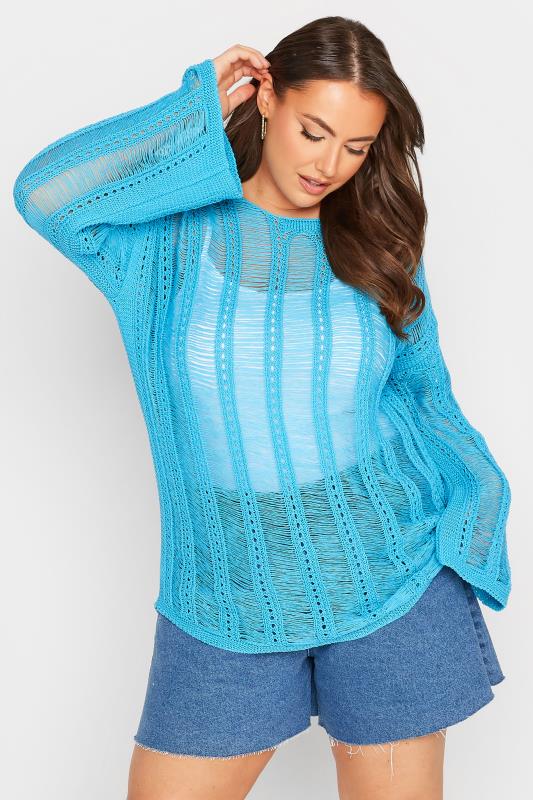  Grande Taille Curve Bright Blue Crochet Top