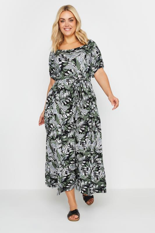 YOURS Plus Size Green Leaf Print Tiered Maxi Dress | Yours Clothing