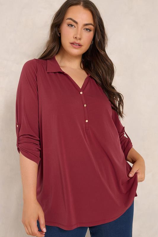 EVANS Curve Wine Red Long Sleeve Blouse
