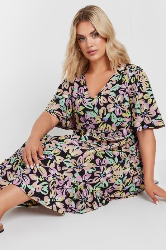 YOURS Plus Size Black & Pink Floral Print Smock Dress | Yours Clothing 5