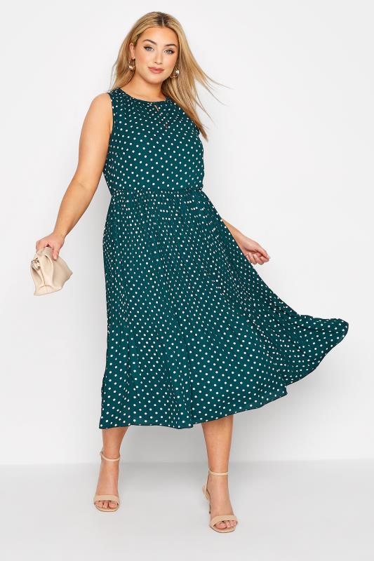 YOURS LONDON Plus Size Green Polka Dot Keyhole Pleat Dress | Yours Clothing 1