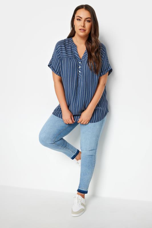 YOURS Plus Size Navy Blue Stripe Notch Neck Blouse | Yours Clothing 2
