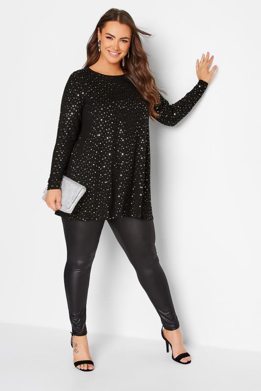 Plus Size Black & Silver Embellished Long Sleeve Swing Top | Yours Clothing 2