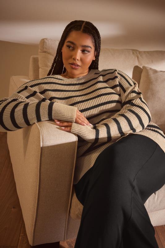YOURS Plus Size Beige Brown Stripe Drop Shoulder Knitted Jumper | Yours Clothing 1