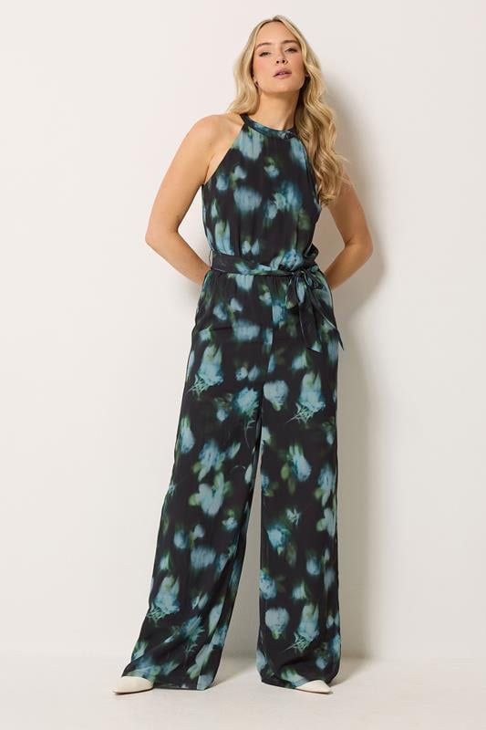  LTS Tall zwarte bloemenprint halterhals jumpsuit