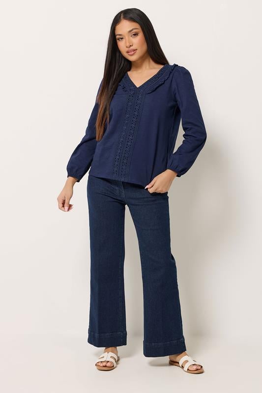 M&Co Petite Navy Blue Frill Cotton Blouse | M&Co 1