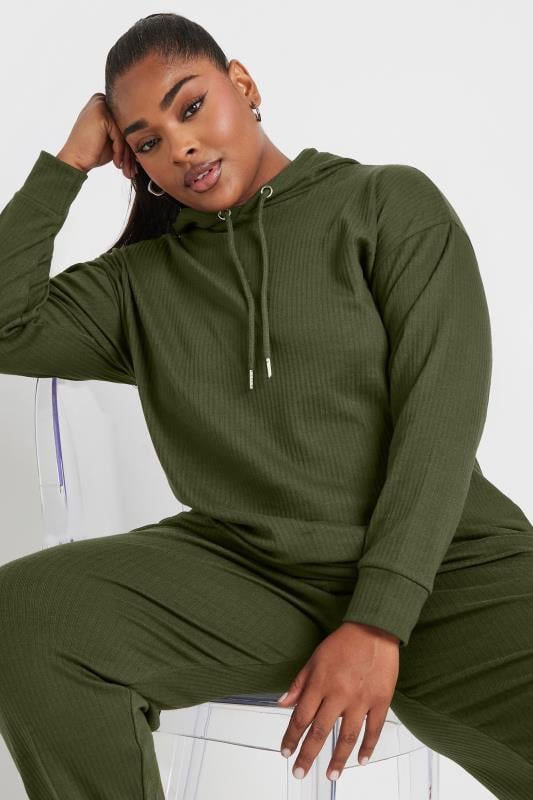 YOURS Plus Size Khaki Green Ribbed Hoodie Yours Clothing