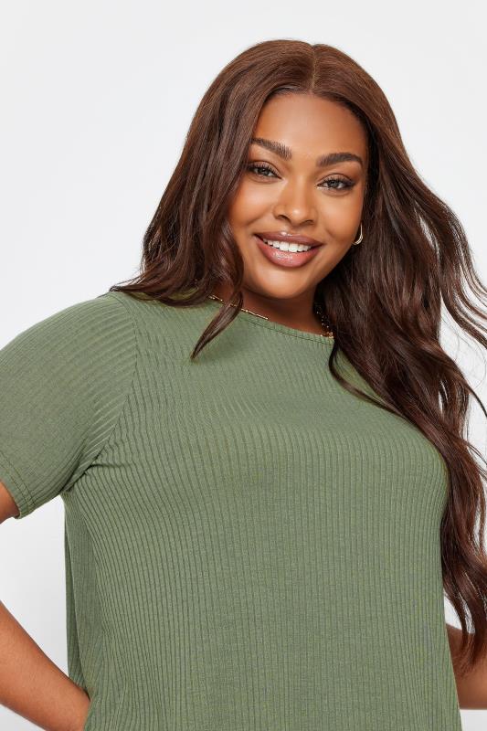 YOURS Plus Size Curve 2 Pack Khaki Green Ribbed Stripe Swing T-Shirts | Yours Clothing  7